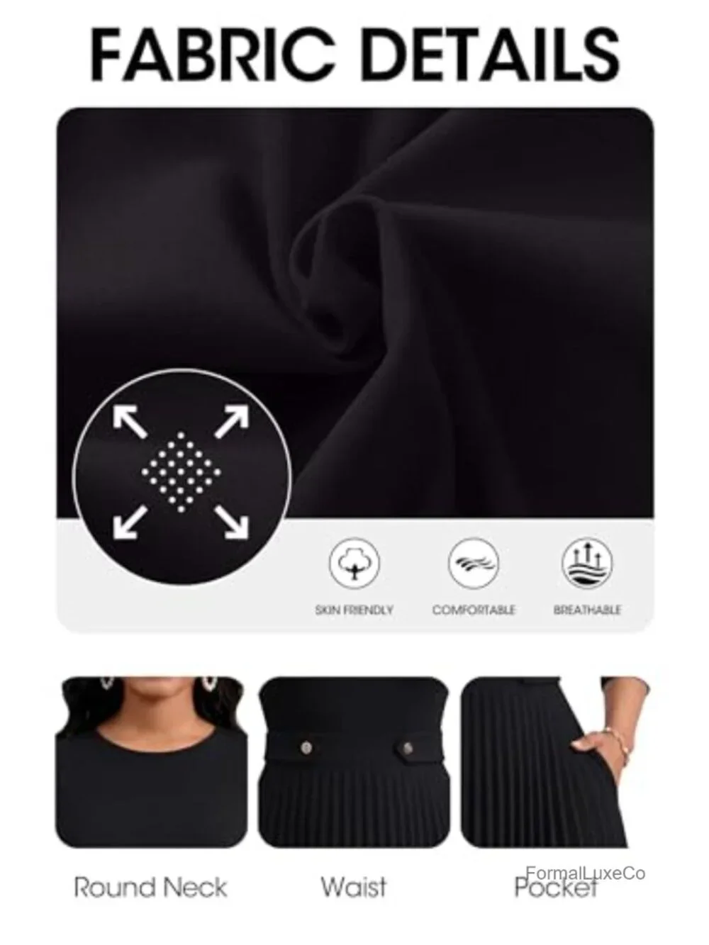 Pleated Midi Dress A-Line 3/4 Sleeve Church Work Casual with Pockets